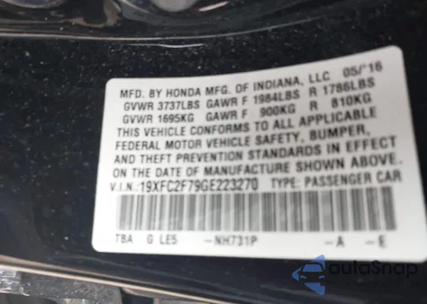 2016 Honda Civic Ex from USA, damaged, VIN 19XFC2F79GE223270